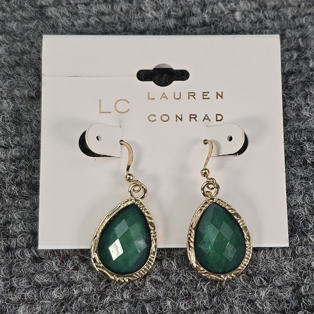 LC Lauren Conrad Green Teardrop Dangle Earrings Gold Tone NWT